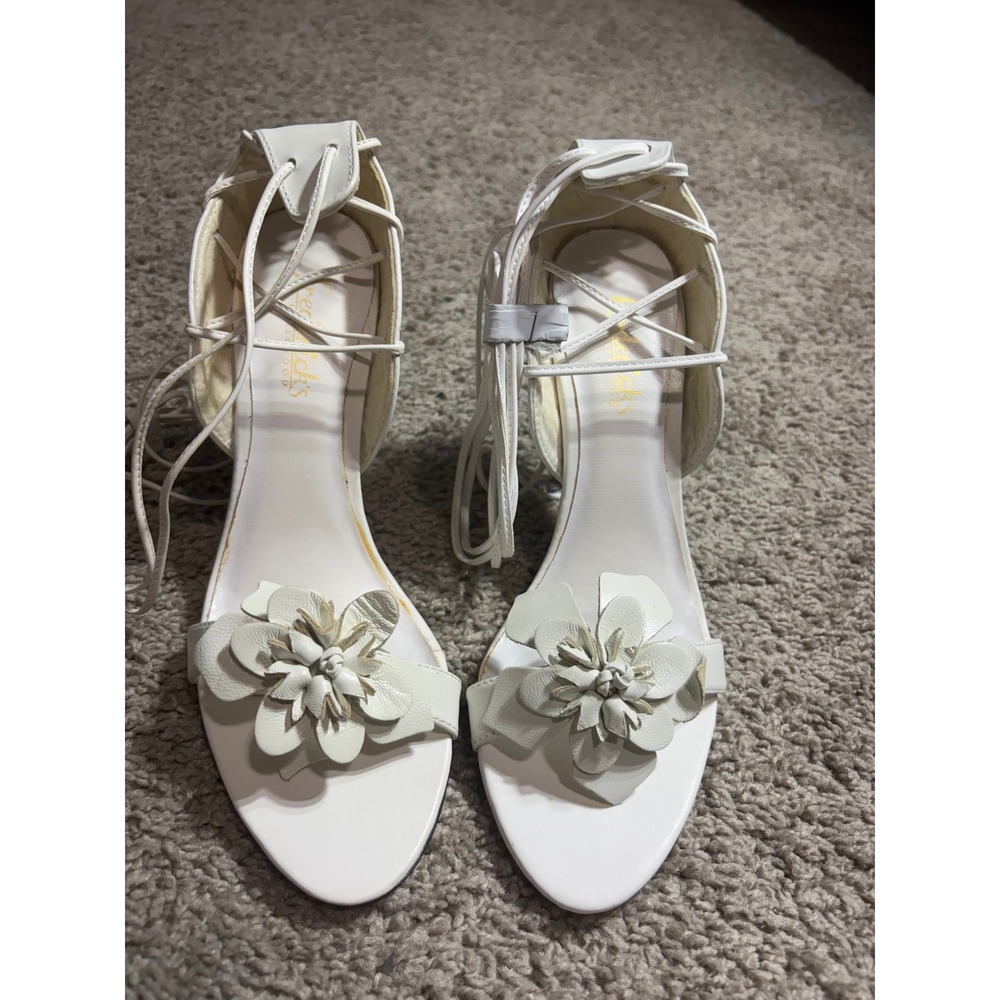 Fredericks of Hollywood White Leather Floral Lace Up Stiletto Heels Size 6.5M